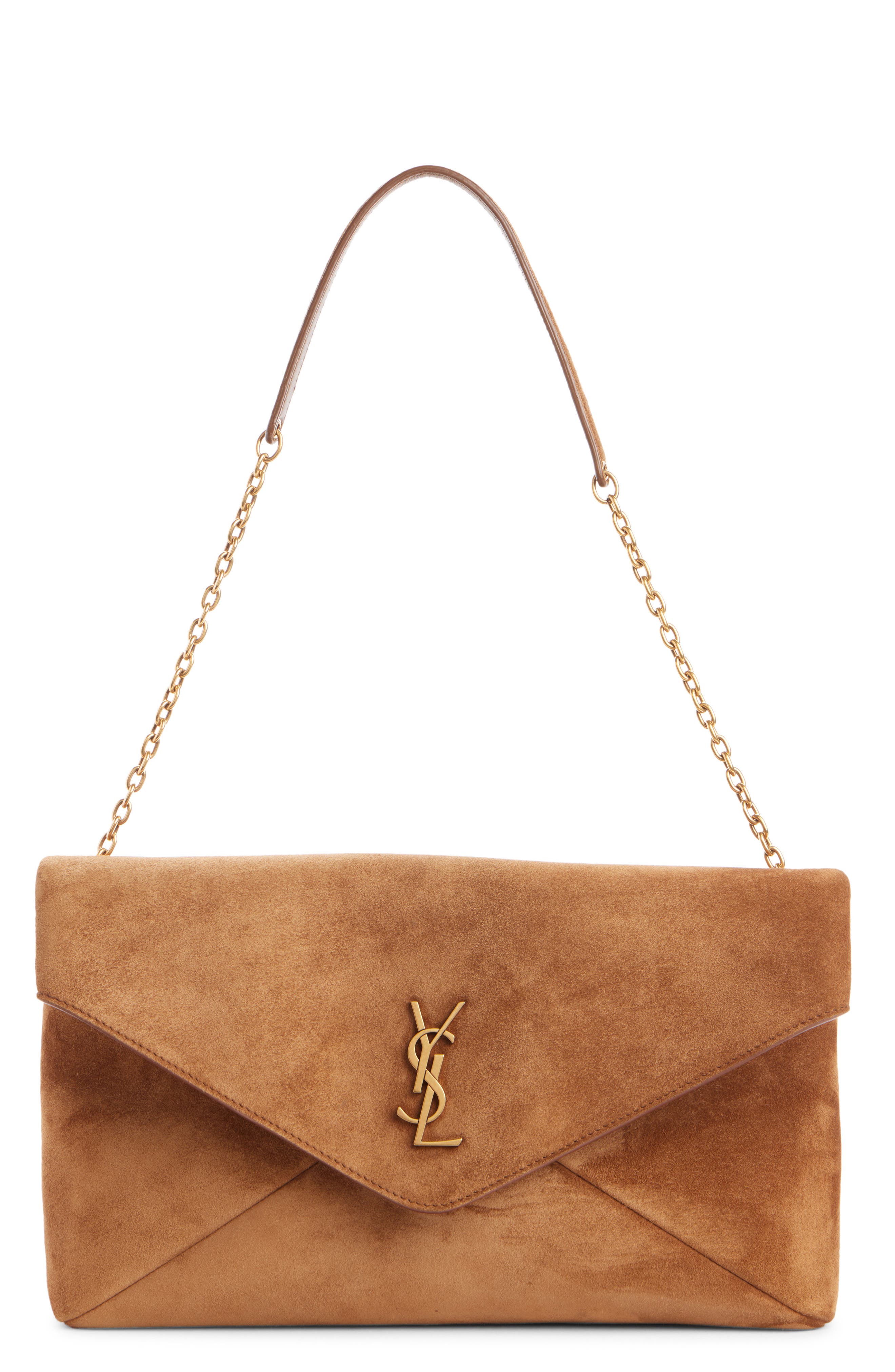 Large Envelope Suede Pouch on Chain, Main, color, CARAMEL COGNAC