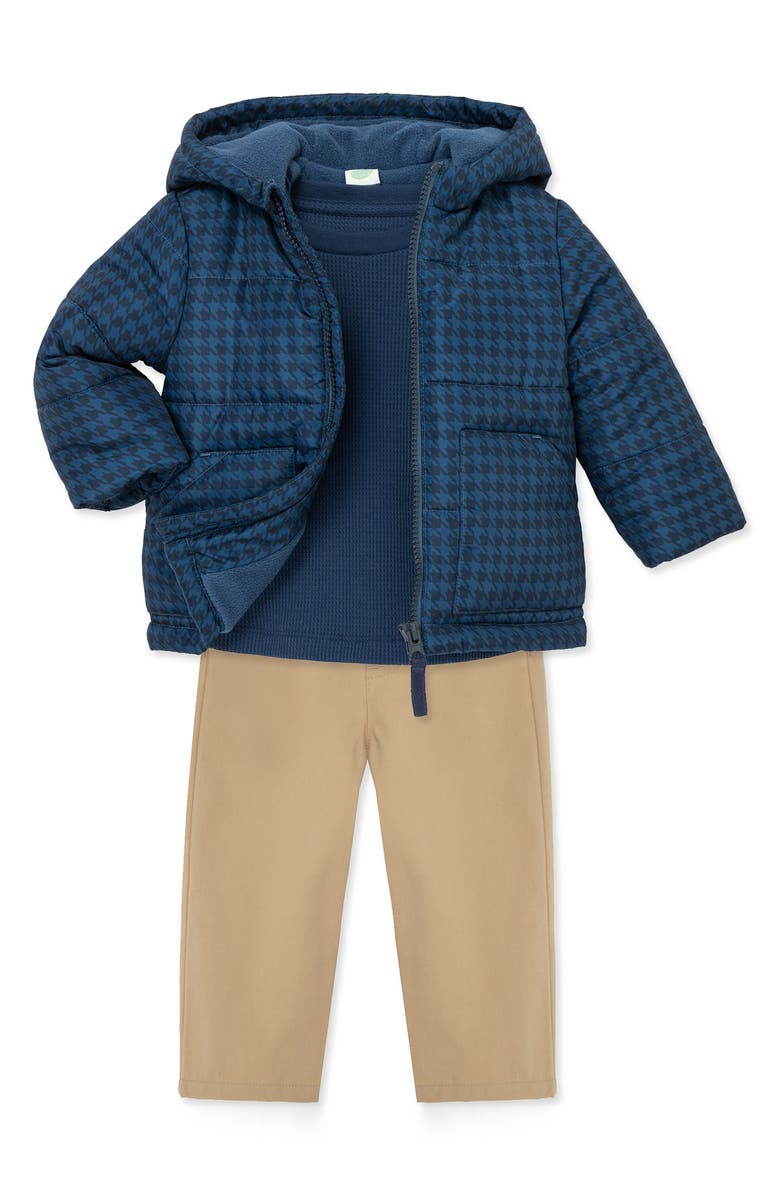 Little Me Houndstooth Hooded Puffer Jacket, Shirt & Pants Set, Alternate, color, Blue