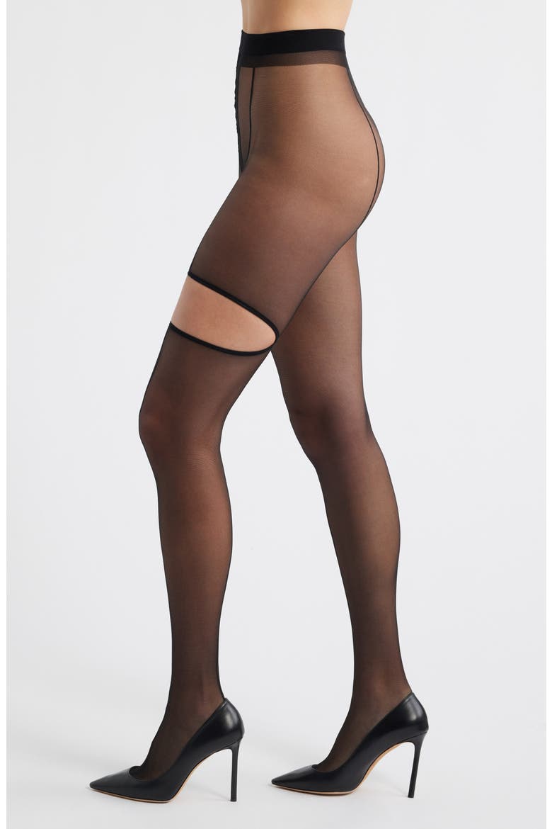 Enigma Cutout Sheer Tights, Main, color, BLACK