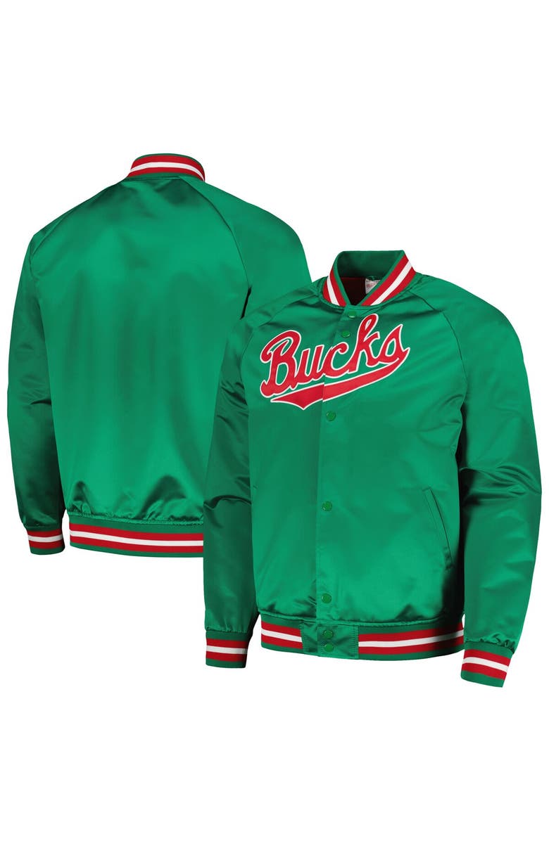 Mitchell & Ness Men's Mitchell & Ness Green Milwaukee Bucks Hardwood Classics Throwback Wordmark Raglan Full-Snap Jacket, Main, color, Green