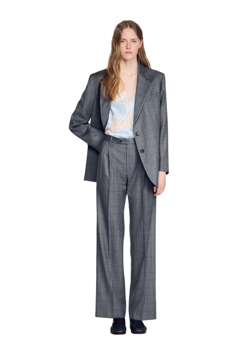 Rhinestone check wool trousers, Alternate, color, Dark grey
