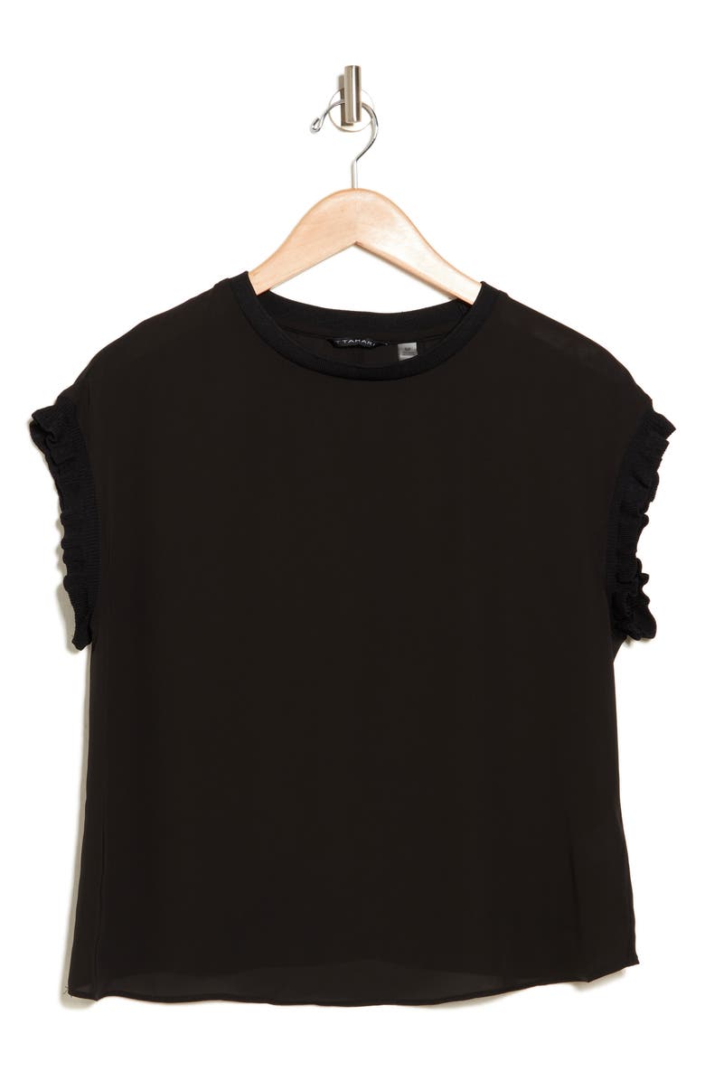 T Tahari Ribbed Ruffle Cap Sleeve Top, Alternate, color, Black