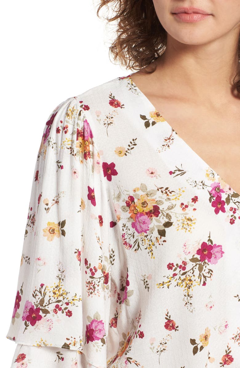 Sun & Shadow Floral Tie Hem Crop Top, Alternate, color, Ivory Egret Tropical Floral