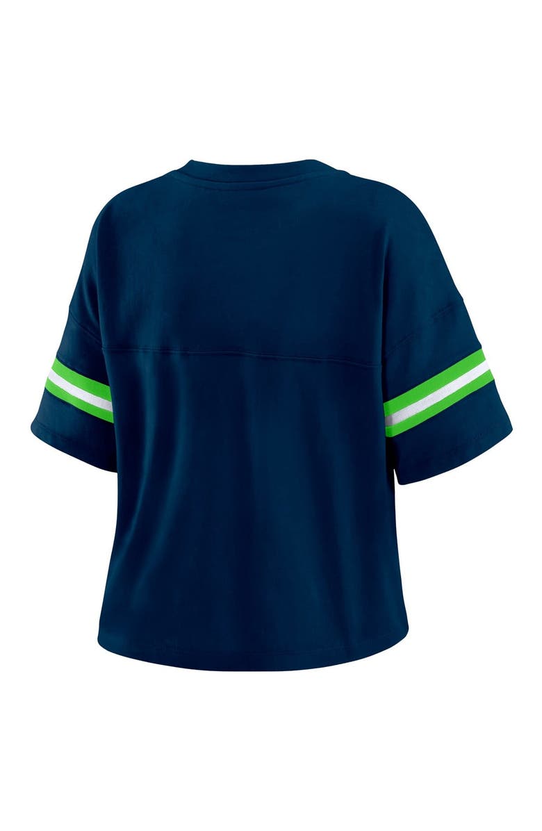 WEAR by Erin Andrews Women's WEAR by Erin Andrews Navy Seattle Seahawks Color Block Boxy Modest Crop V-Neck T-Shirt, Alternate, color, 