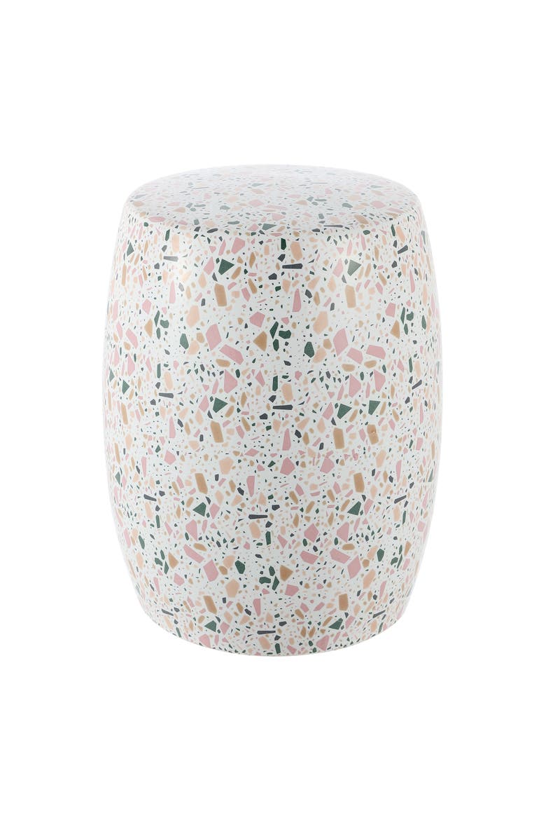 Chiara Traditional Floral Chinoiserie Ceramic Drum Garden Stool, Pierced Indoor/Outdoor Patio Seat & Side Table, Main, color, White/Pink