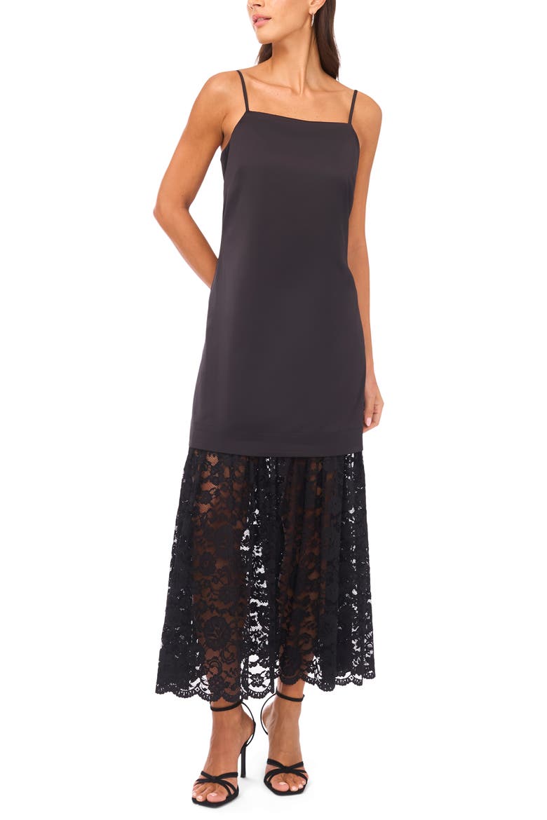 Lace Hem Mixed Media Dress, Main, color, RICH BLACK