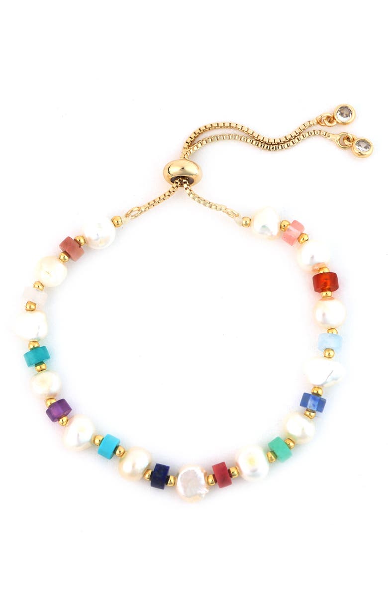 Panacea Beaded Pearl Slider Bracelet, Main, color, Multi Gold
