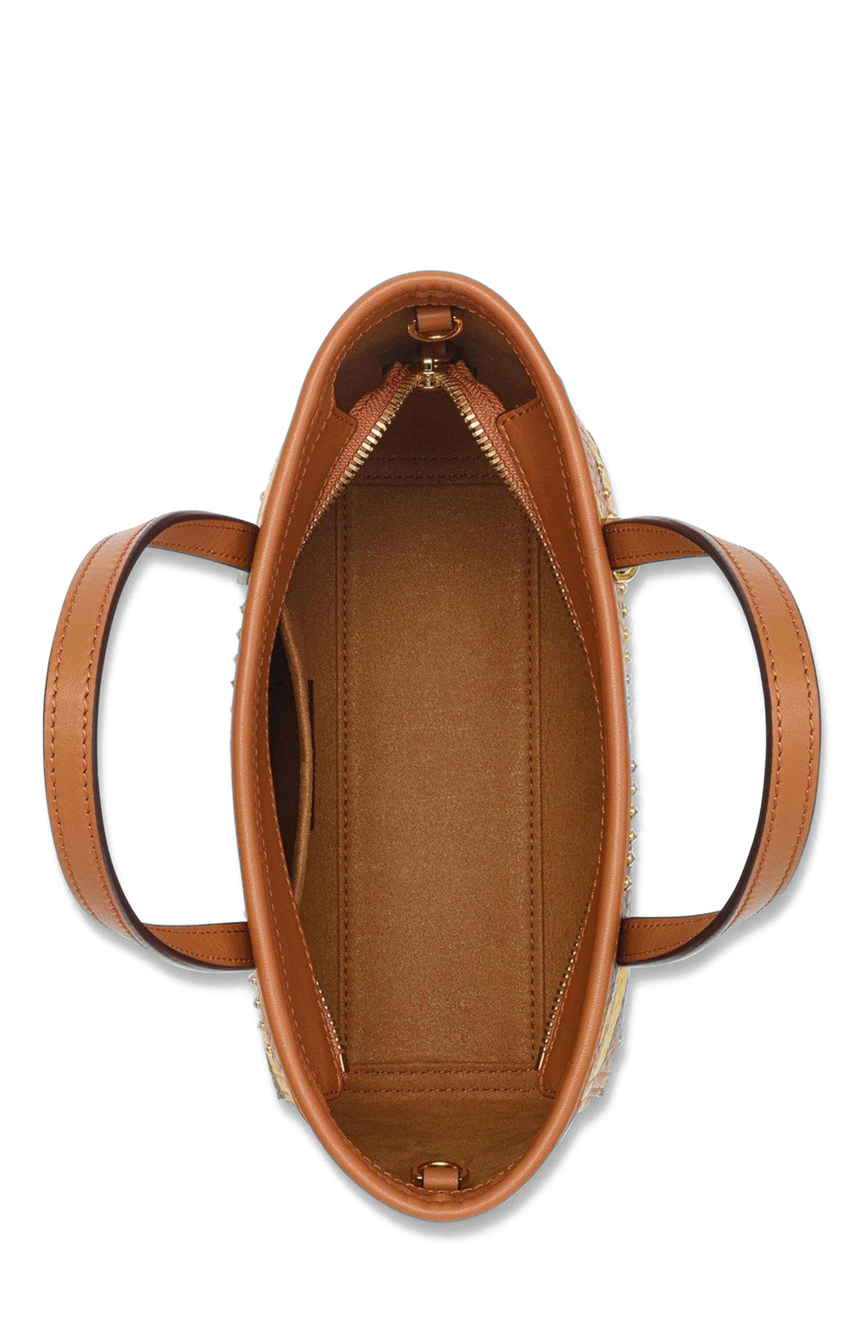 MCM Studded Toni Top-Zip Shopper in Mega Herringbone Visetos, Alternate, color, Cognac