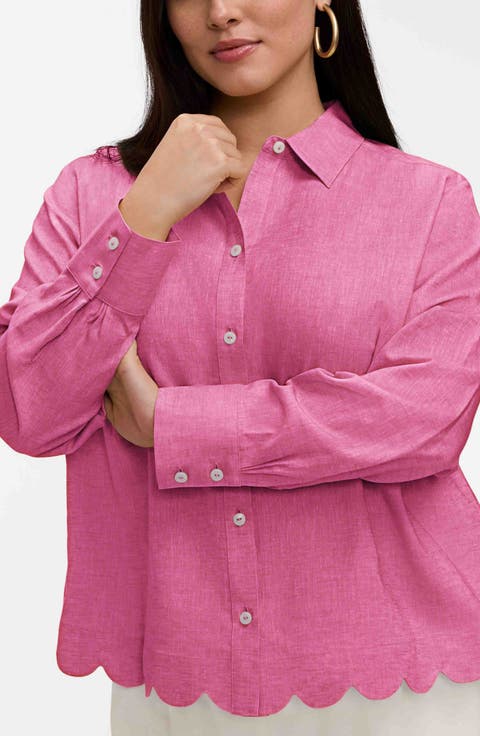 Scarlett Scallop Hem Linen Blend Button-Up Shirt (Plus)