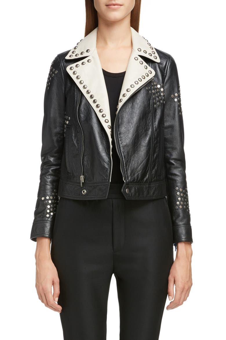 Contrast Lapel Studded Leather Jacket, Main, color, NOIR / CREME / COGNAC / SILVER
