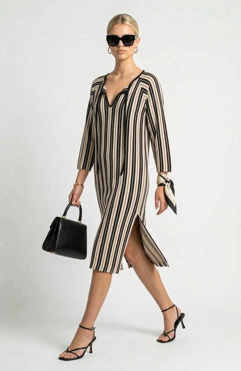 Long Sleeve Midi Sweater Dress with Split Neck and Vertical Stripe Pattern