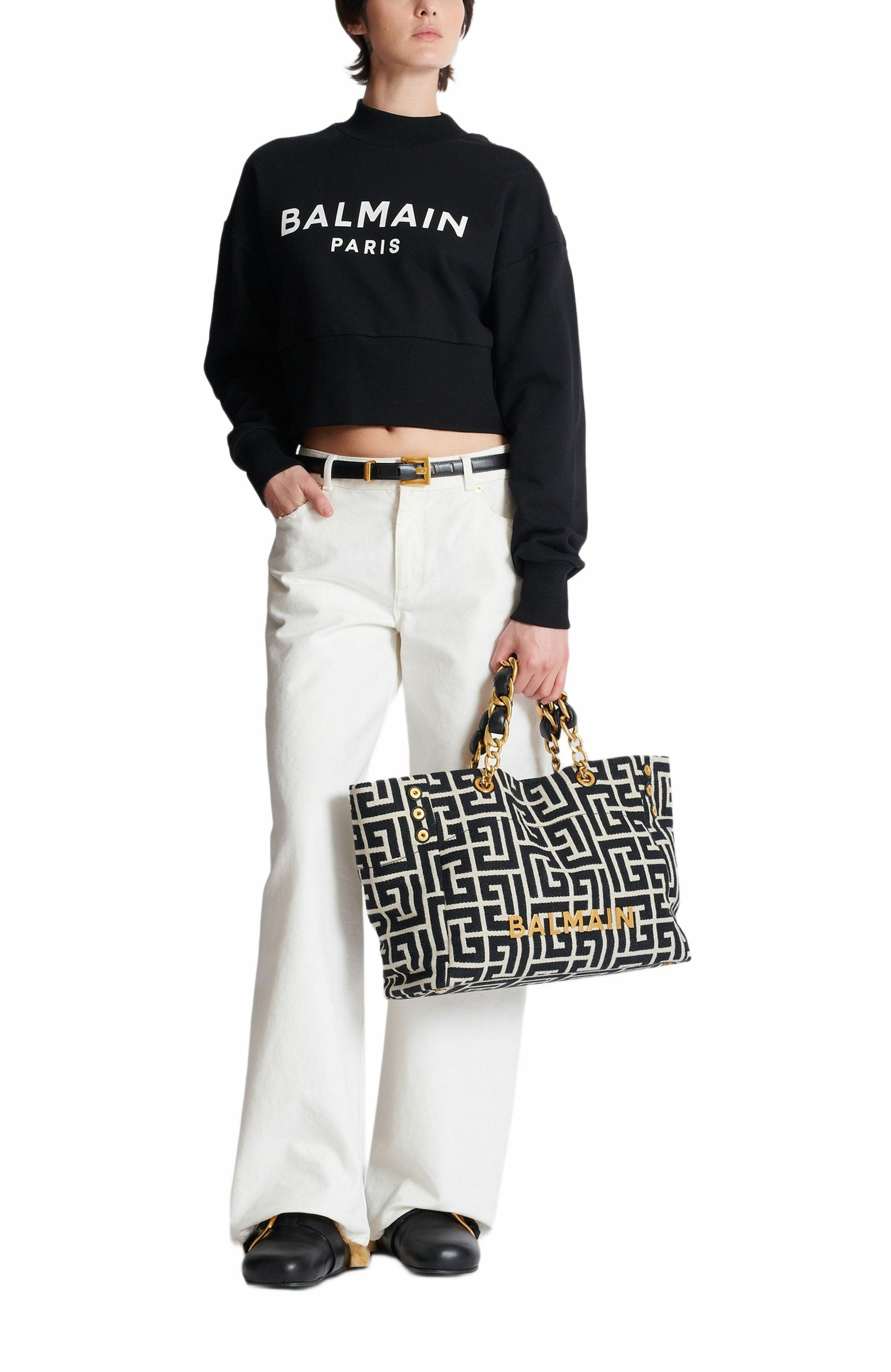 Balmain 1945 Soft Pb-Monogrammed Jacquard Canvas Tote Bag, Alternate, color, 