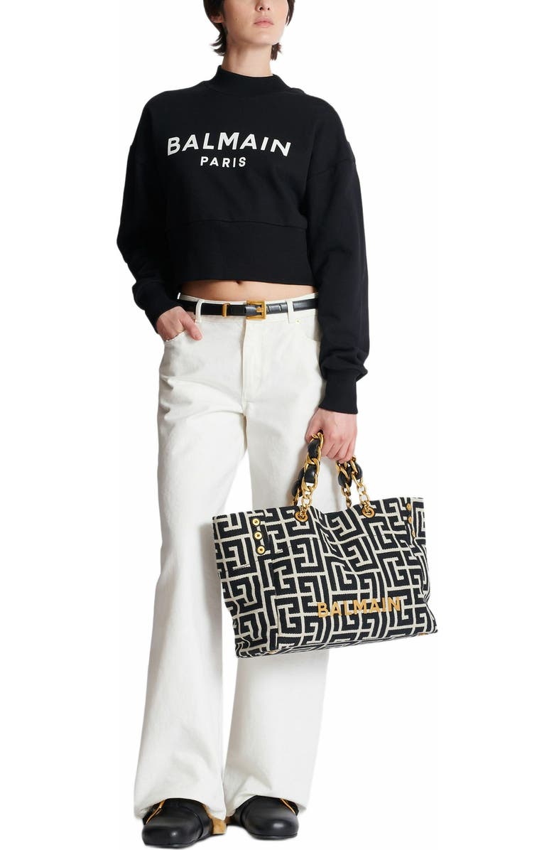 Balmain 1945 Soft Pb-Monogrammed Jacquard Canvas Tote Bag, Alternate, color,