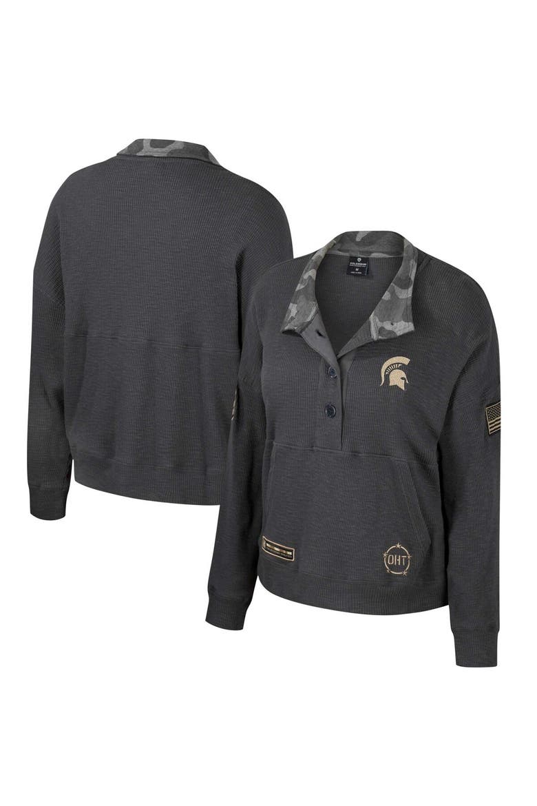 Women's Colosseum  Heather Charcoal Michigan State Spartans OHT Military Appreciation Payback Henley Thermal Sweatshirt, Main, color, Heather Charcoal