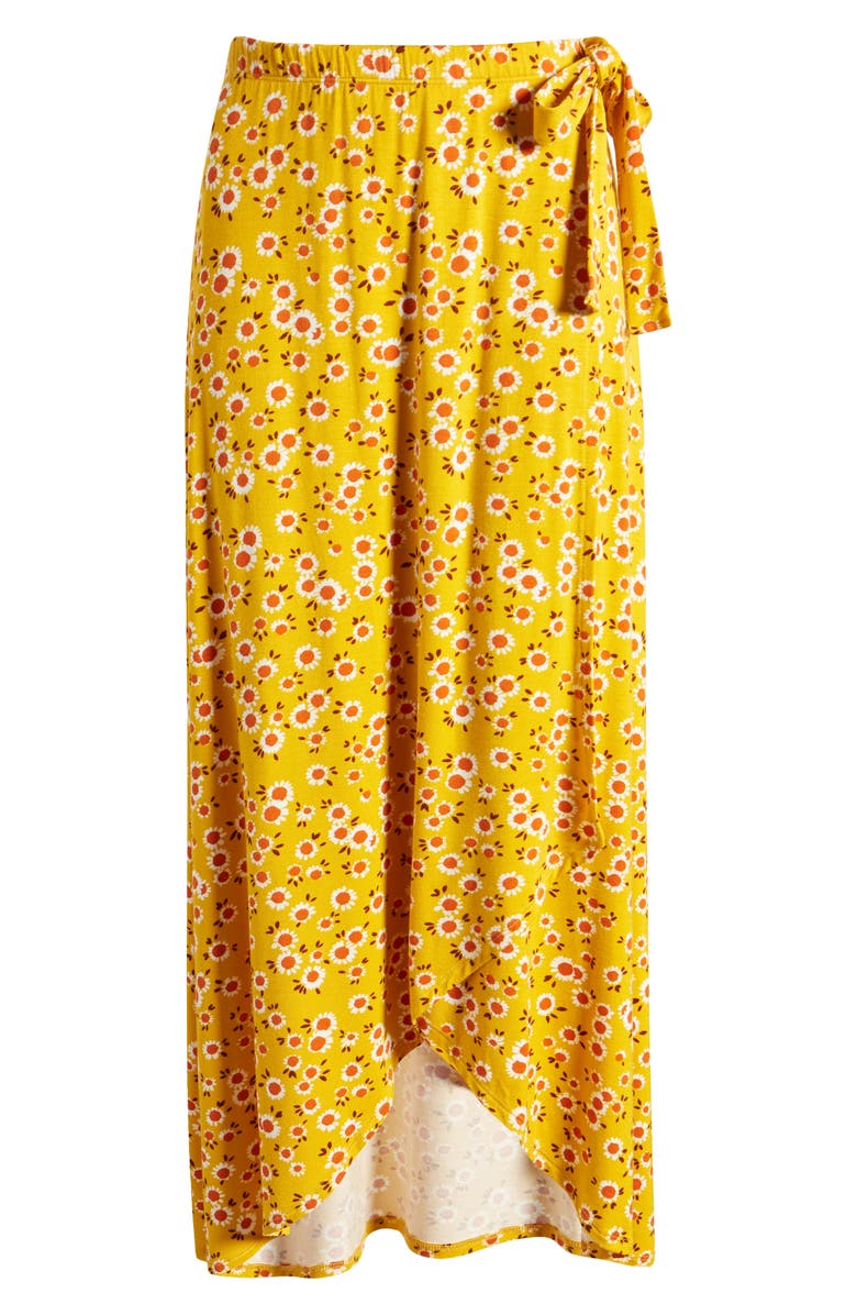 Loveappella Floral Jersey Faux Wrap Skirt, Alternate, color, Sunflower