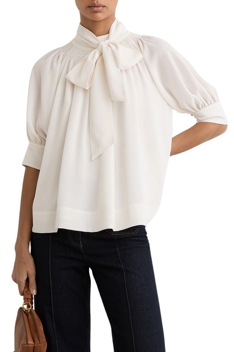 Lerina Smocked Tie Neck Puff Sleeve Top, Main, color, IVORY