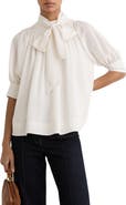 Reiss Lerina Smocked Tie Neck Puff Sleeve Top