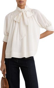 Reiss Lerina Smocked Tie Neck Puff Sleeve Top