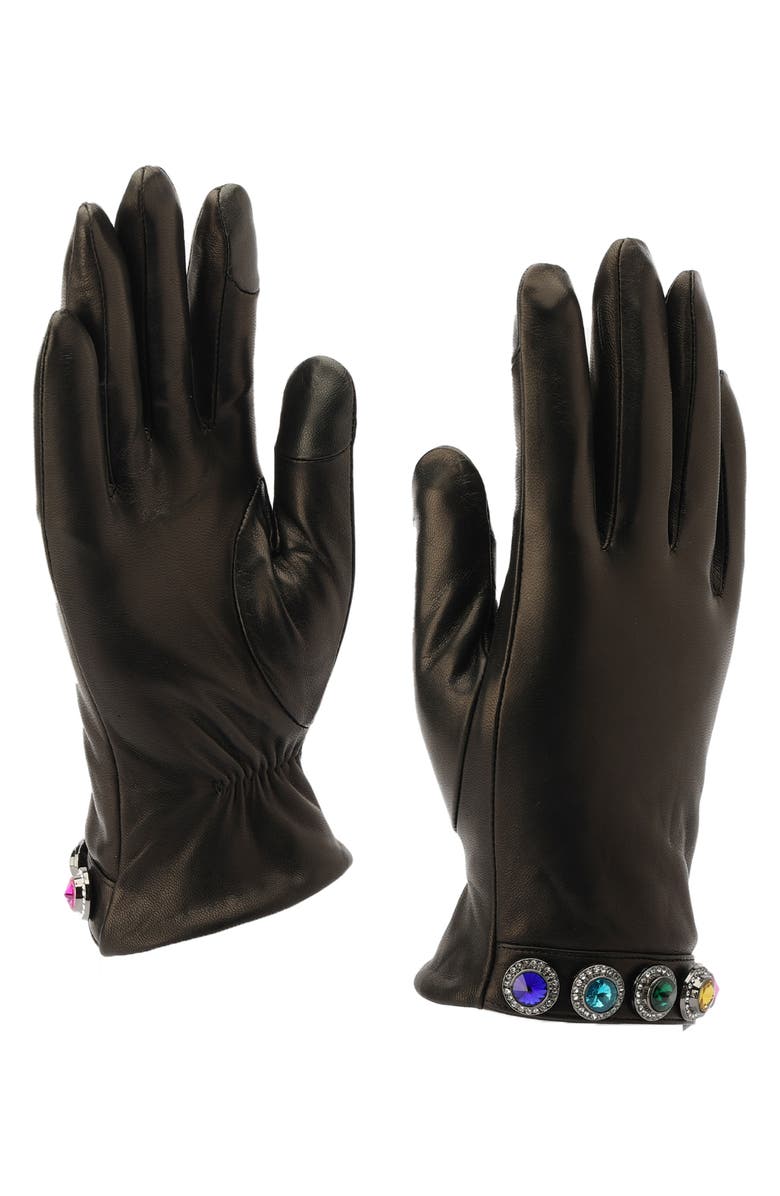 Kurt Geiger London Rainbow Crystal Leather Gloves, Alternate, color, Black