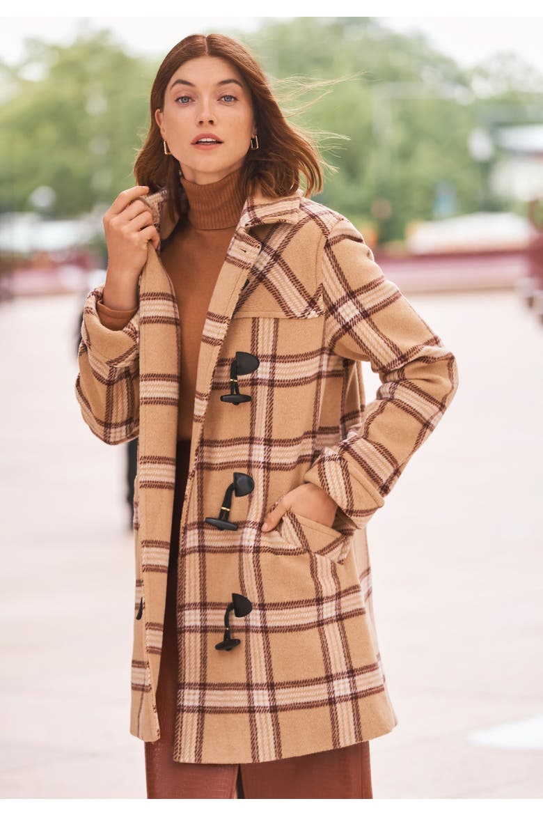 Hooded Toggle Wool Coat, Alternate, color, SOFT CAMEL PLAID