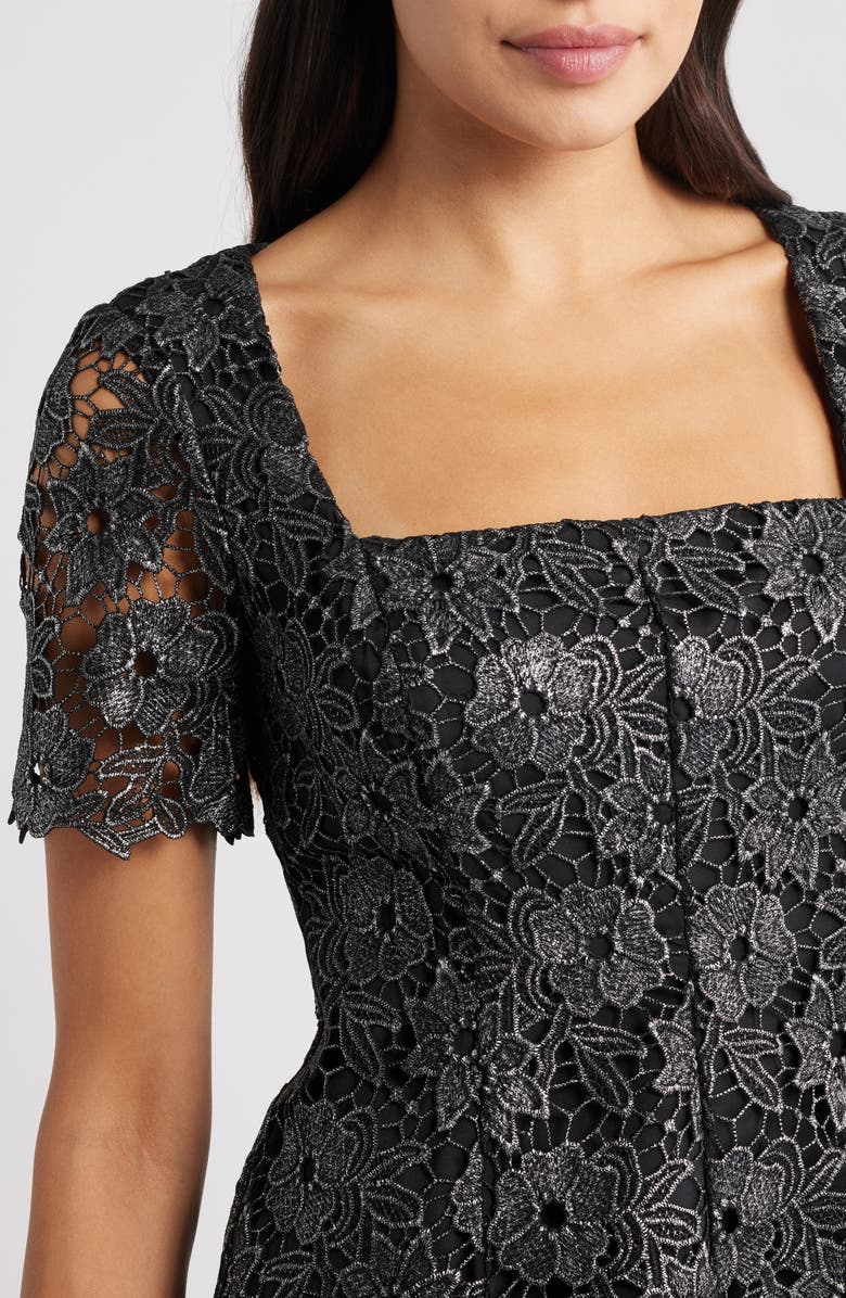 Eliza J Floral Lace Short Sleeve Fit & Flare Dress, Alternate, color, Black Silver