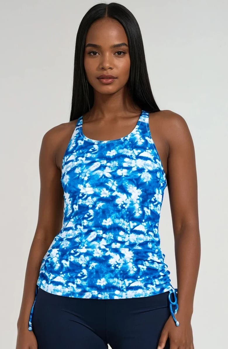 Calypsa Maya Tankini Swim Top With Built-In Bra and Navy Swim Shorts Set, Alternate, color, Blue Tie Dye