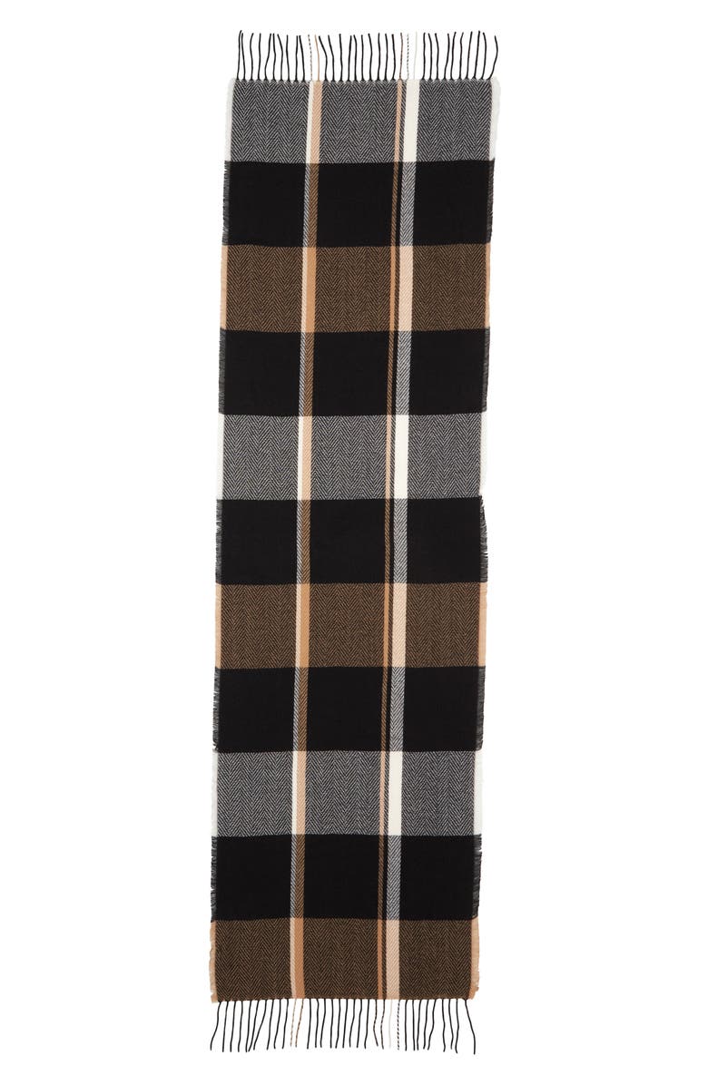 Vince Camuto Plaid Wrap Scarf & Faux Fur Pompom Beanie Set, Alternate, color, Black