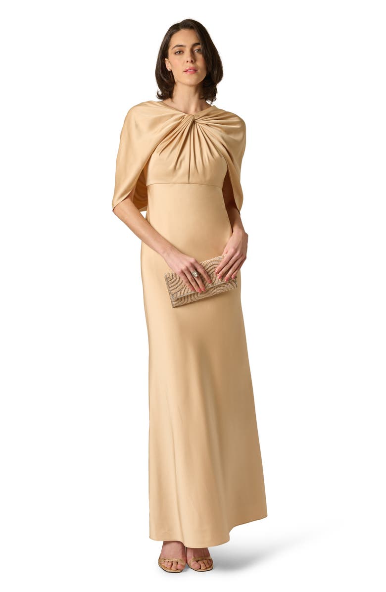 Aidan Mattox Cape Sleeve Satin Gown, Alternate, color, Champagne