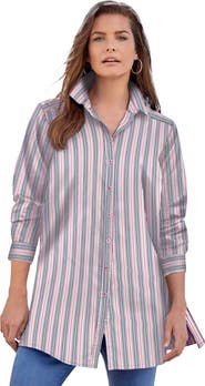 Roaman's Kate Long Sleeve Crisp Cotton Blend Button Front Tunic