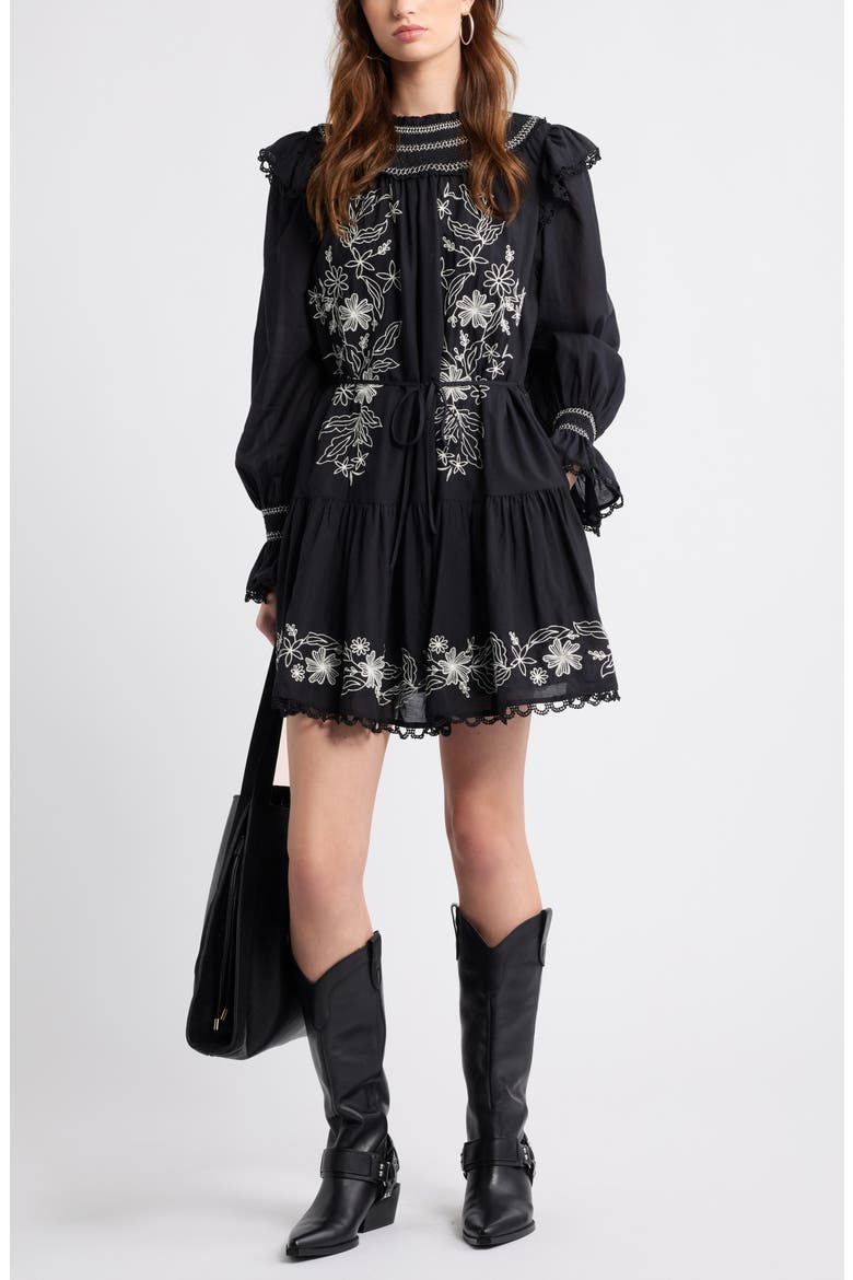 Smocked Embroidered Long Sleeve Minidress, Alternate, color, BLACK-IVORY EMBROIDERED FLORAL