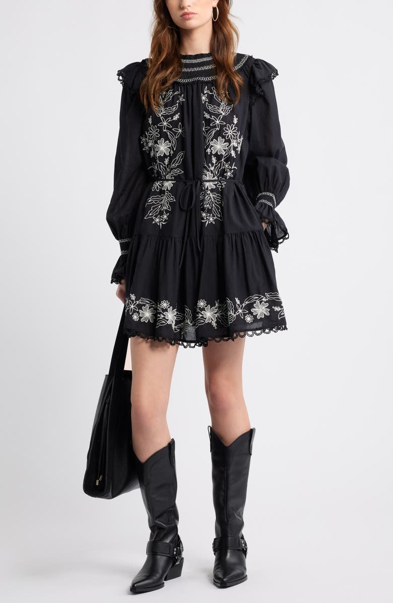 Treasure & Bond Smocked Embroidered Long Sleeve Minidress, Alternate, color, Black-Ivory Embroidered Floral