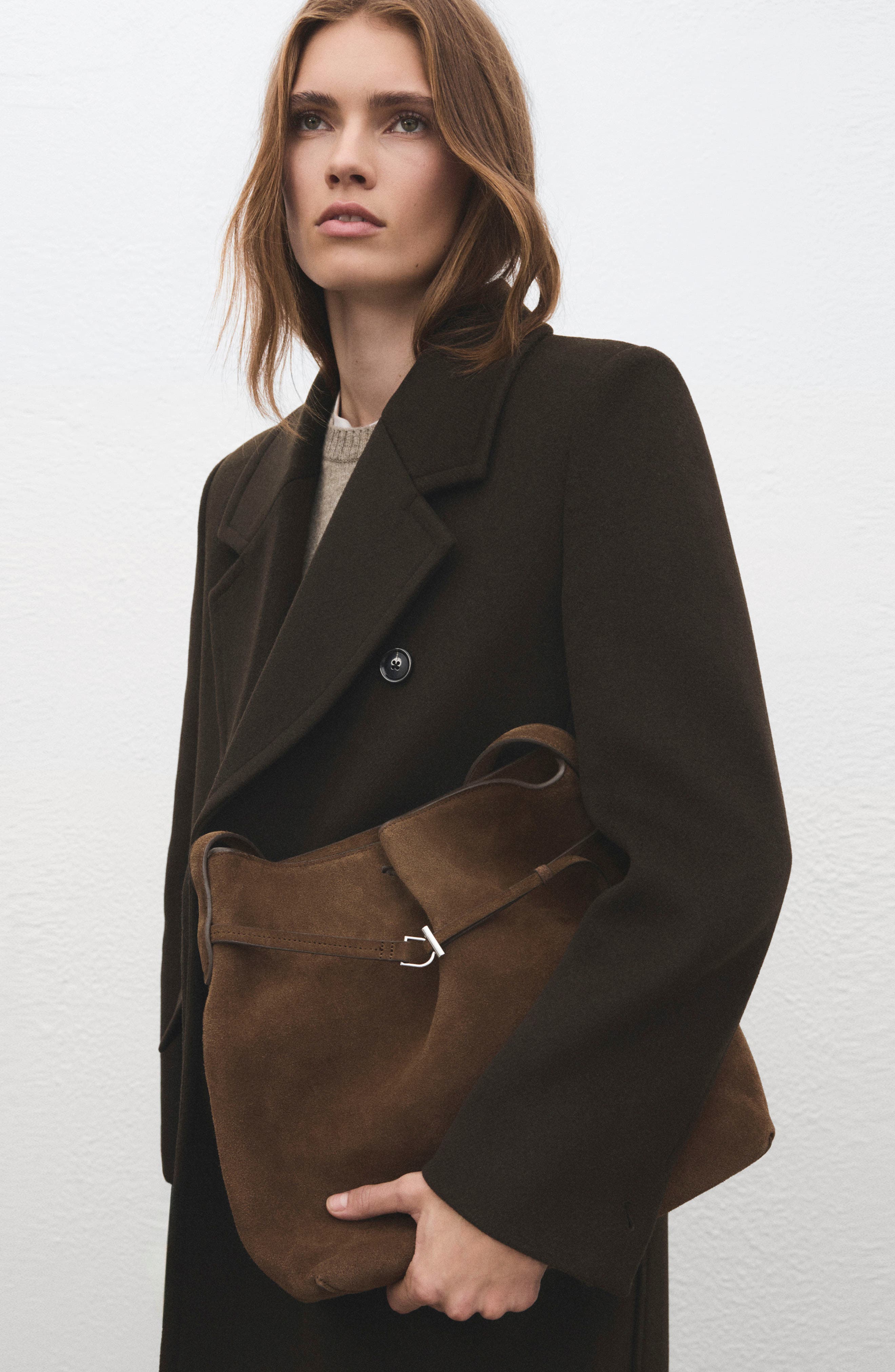 MANGO Suede Buckle Bucket Bag, Alternate, color, 