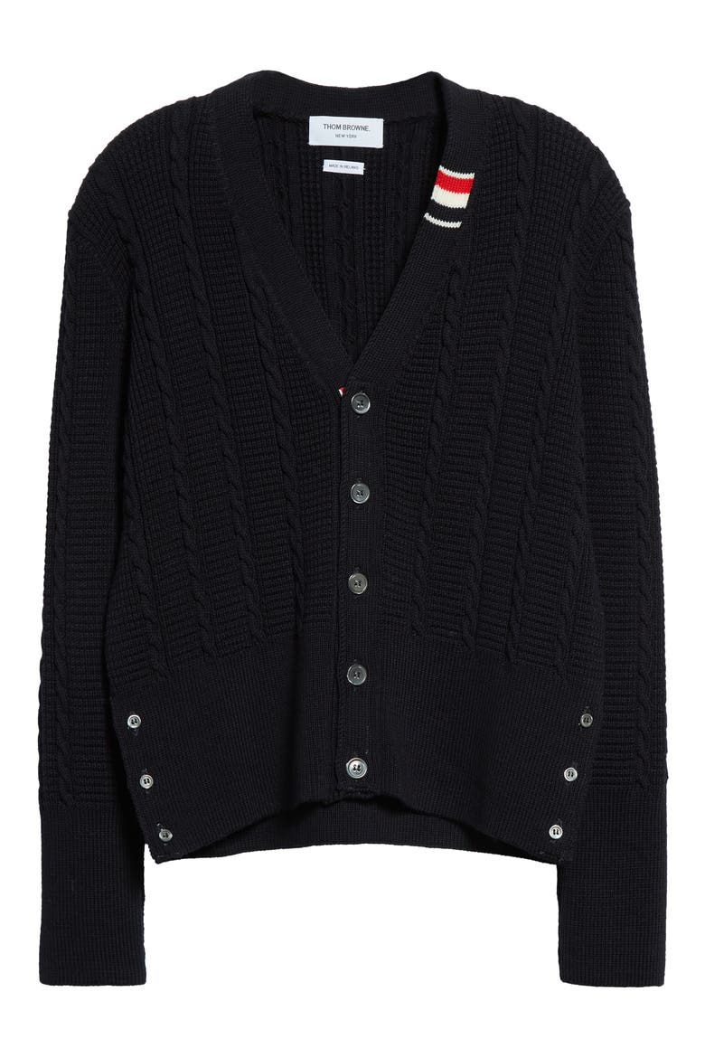 Virgin Wool Cable Stitch Cardigan, Alternate, color, NAVY