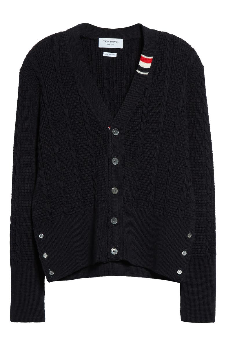 Thom Browne Virgin Wool Cable Stitch Cardigan, Alternate, color,