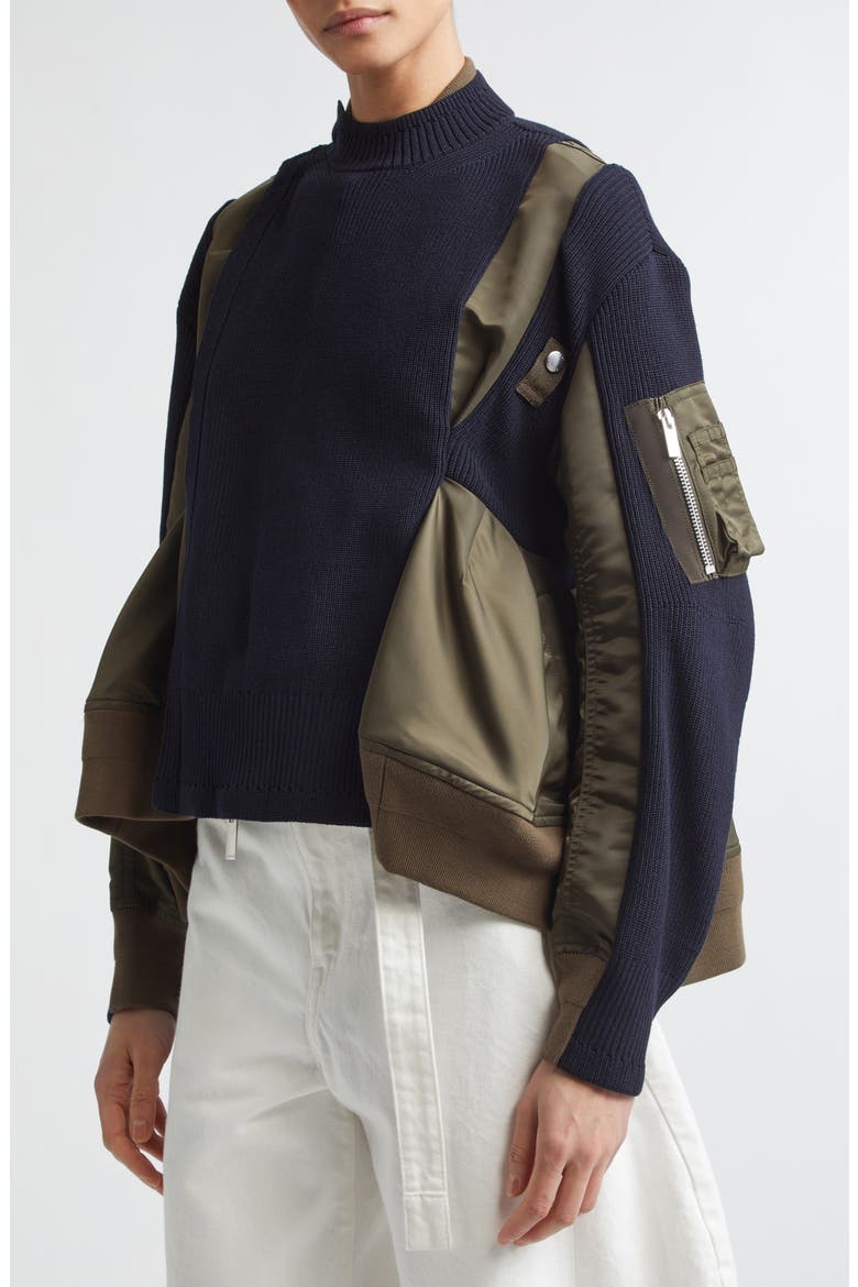 Mixed Media Bomber Jacket with Sweater Bib Overlay, Alternate, color, DARK KHAKI/ NAVY