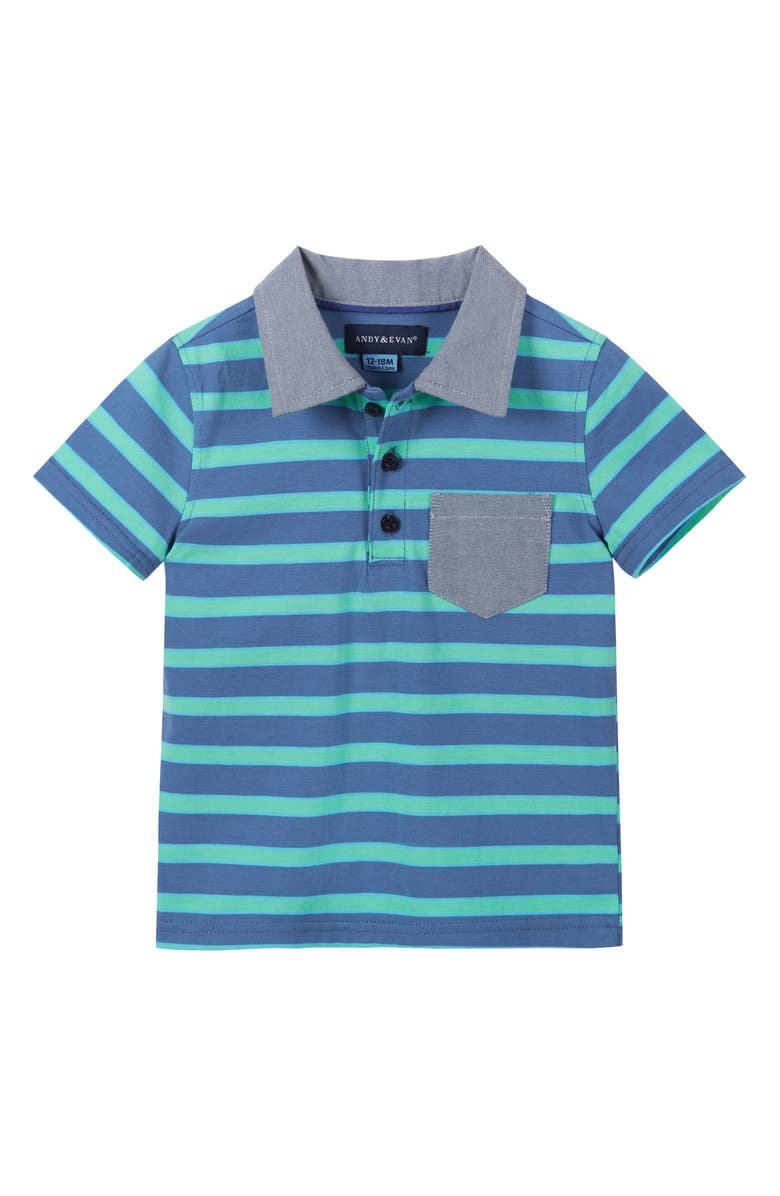 Andy & Evan Stripe Stretch Cotton Piqué Polo & Shorts Set, Alternate, color, Blue Stripe
