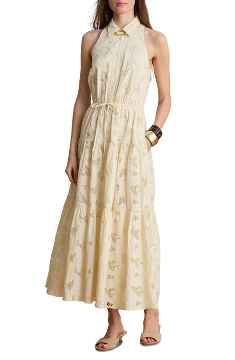 Sleeveless Embroidered Cotton Voile Tiered Shirtdress