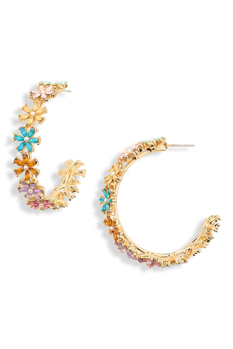 Crystal & Faux Pearl Flower Hoop Earrings, Main, color, GOLD MULTI