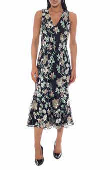 Embroidered Mesh V-Neck Ruffle Midi Dress