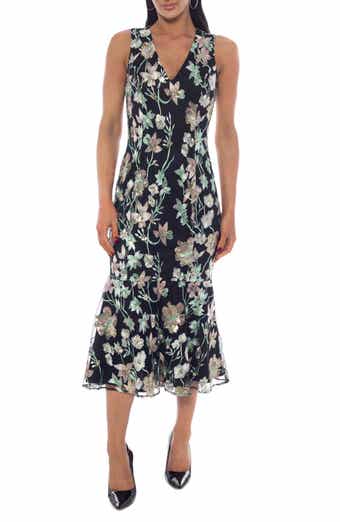 Embroidered Mesh V-Neck Ruffle Midi Dress