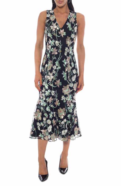 Embroidered Mesh V-Neck Ruffle Midi Dress