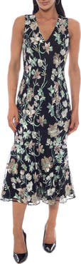 Oleg Cassini Embroidered Mesh V-Neck Ruffle Midi Dress