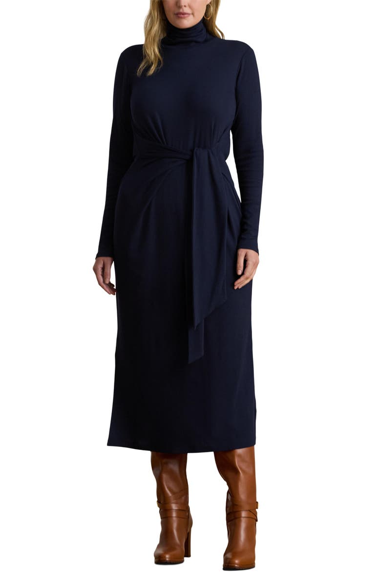 Lauren Ralph Lauren Turtleneck Tie Waist Long Sleeve Rib Cotton Blend Midi Dress, Main, color,