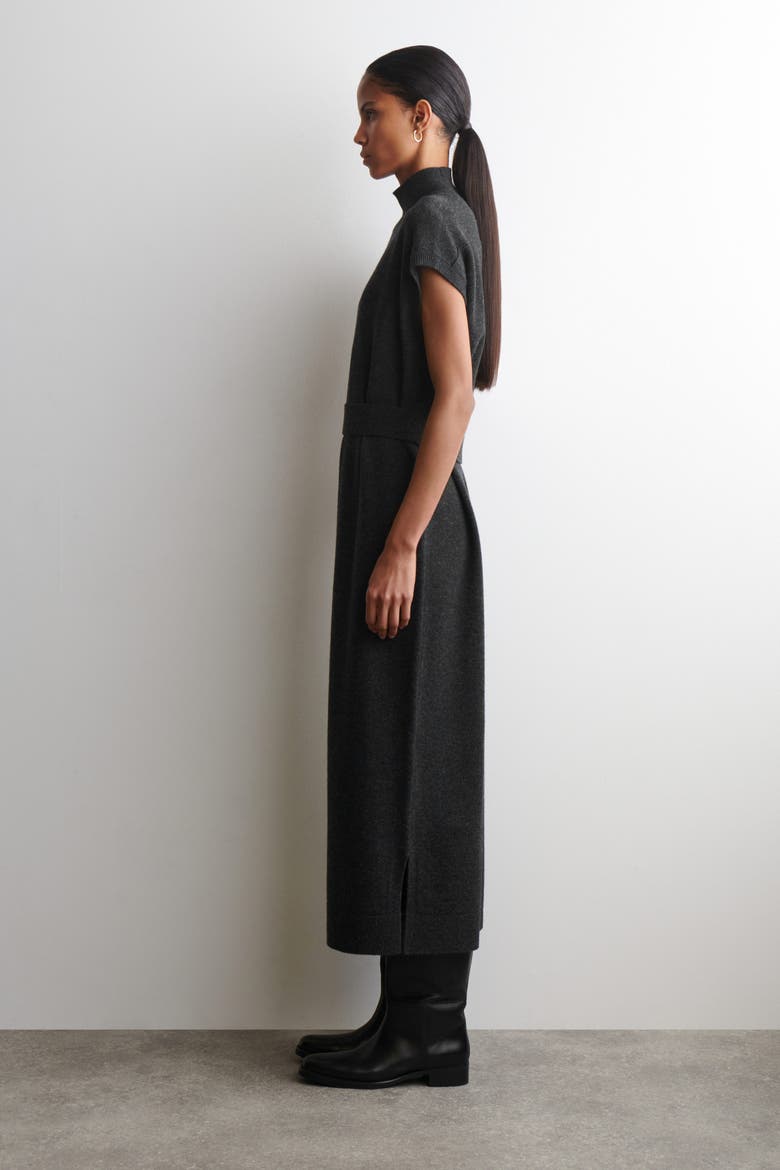 Belt-detail Merino Wool Mock-neck Dress, Alternate, color, DARK-GRAY MÉLANGE