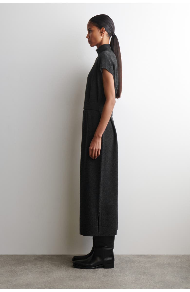 COS Belt-detail Merino Wool Funnel-neck Dress, Alternate, color, Dark-Gray Mélange