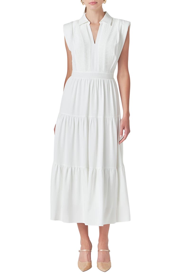 Pintuck Detail Tiered Midi Dress, Main, color, WHITE