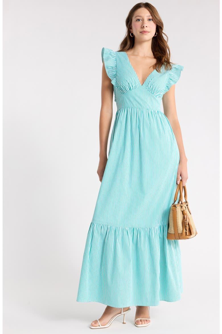 Ruffle Sleeve Maxi Dress, Alternate, color, GREEN-WHITE TAILORED STRIPE