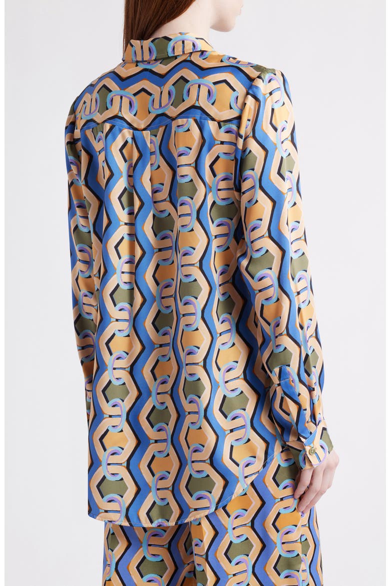 Geo Print Satin Button-Up Shirt, Alternate, color, BLUE CHAINS