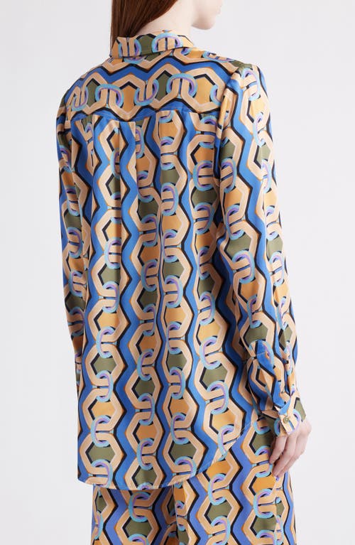 Tahari Asl Geo Print Satin Button-up Shirt In Blue Chains