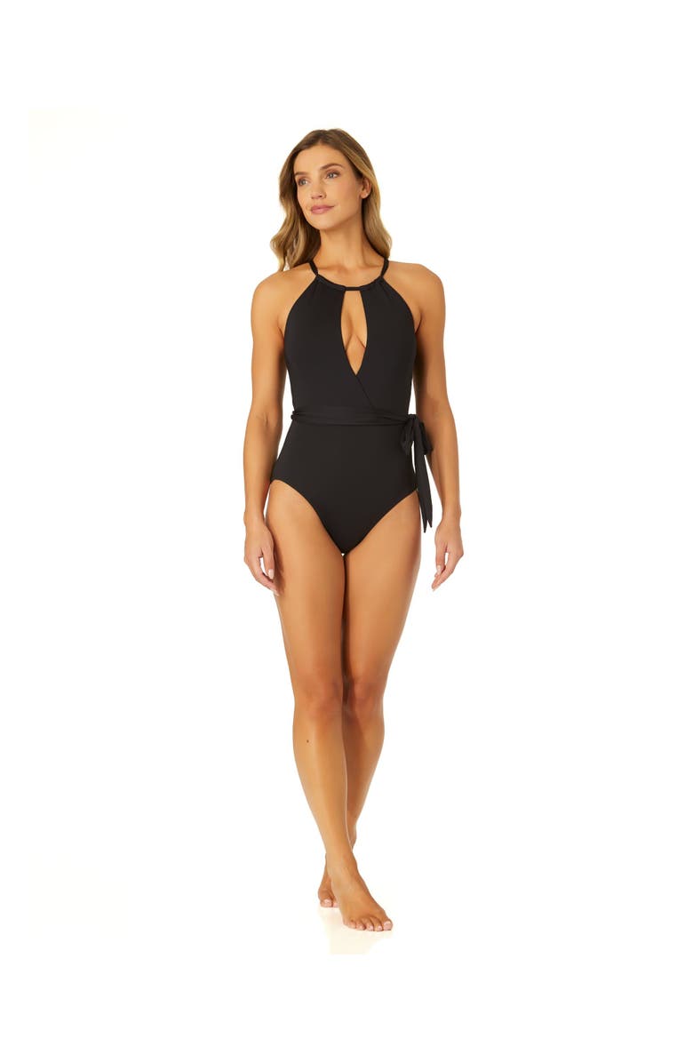 Anne Cole Women's Palm Chic High Neck Plunge One Piece Swimsuit, Alternate, color, Black